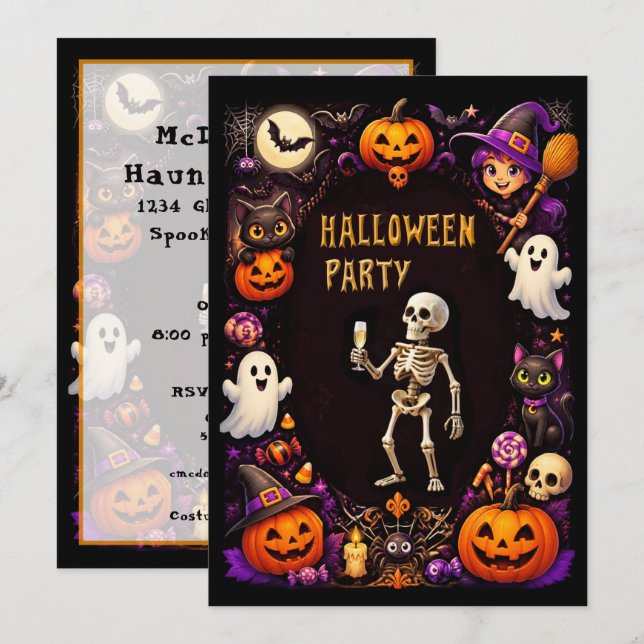 Invitation Squelette de fête d'Halloween avec flûte à Champag (Devant / Derrière)