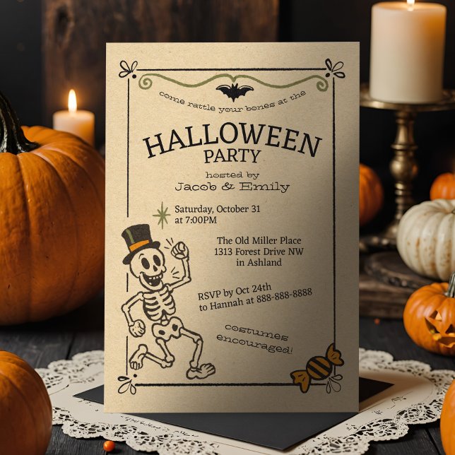 Invitation Squelette éffrayant Vintage Halloween Party Retro (A vintage-style Halloween invite with a dancing skeleton, top hat, bat, and candy accents.)