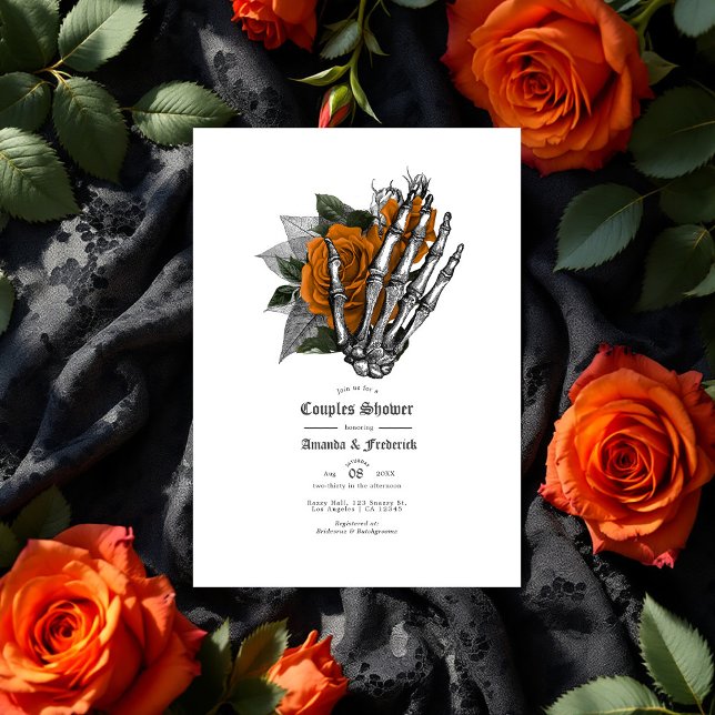 Invitation Squelette gothique Main & Orange Rose Couples Douc (Gothic Skeleton Hand & Orange Rose Couples Shower Invitation)