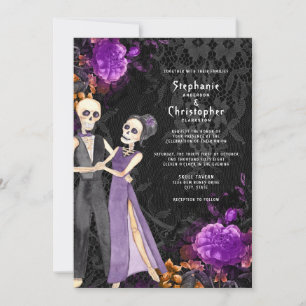 Invitation Squelette gothique Violet Floral Halloween Mariage