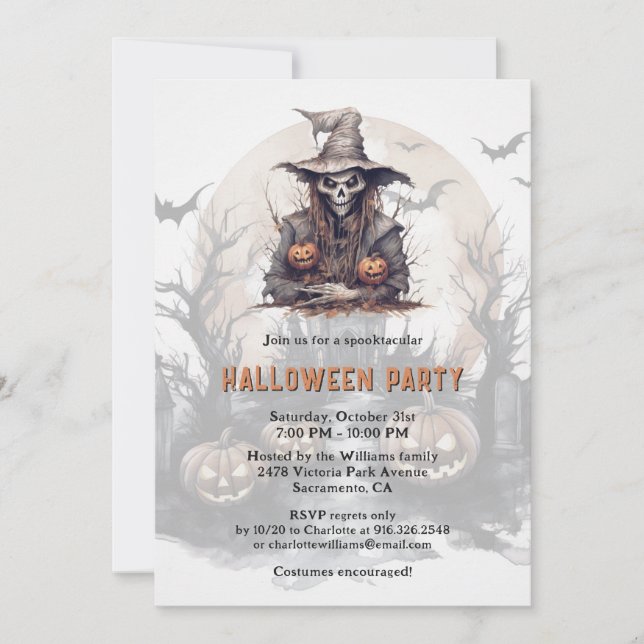 Invitation Squelette Jack-O-Lanterns Bats Lune Halloween Part (Devant)