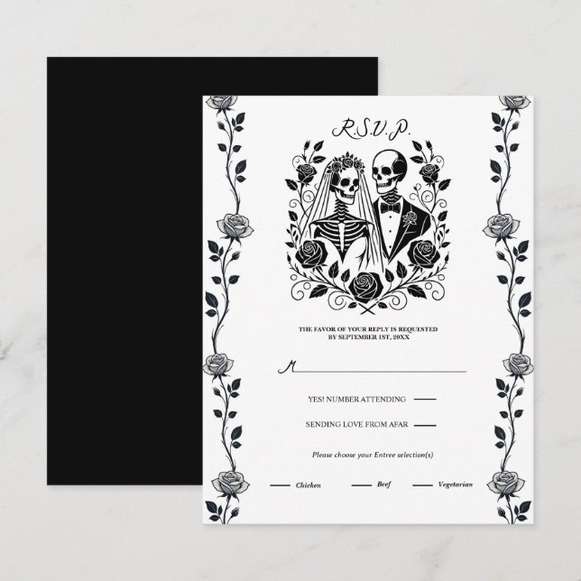 Invitation Squelette Noir Blanc Fleurs de Rose Vigne Mariage  (Devant / Derrière)