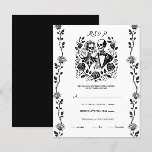 Invitation Squelette Noir Blanc Fleurs de Rose Vigne Mariage