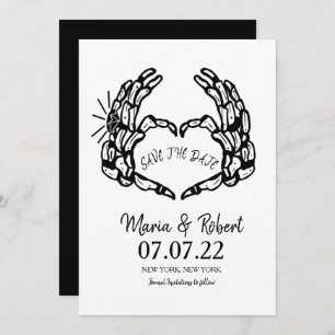 Invitation Squelette noir Mariage Coeur main Anneaux Doodle