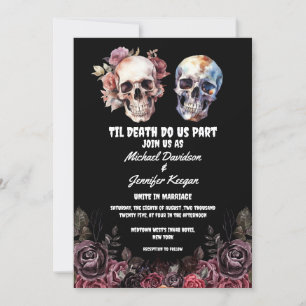 Invitation squelettes halloween gothique floral mariage noir