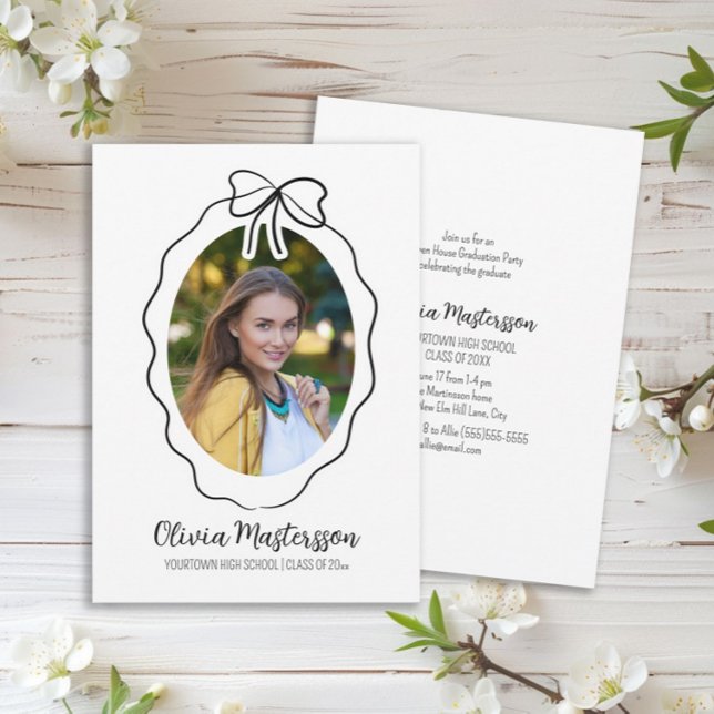Invitation Squiggle Bow Photo Open House Graduation Party (Cute line-art bow and frame graduation party photo invitation)