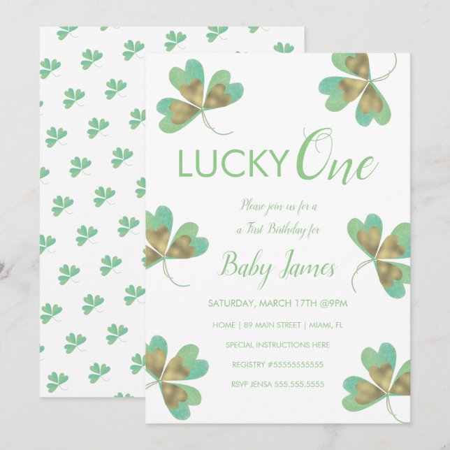 Invitation St. Patrick Chanceux 1er Anniversaire Trèfles (Devant / Derrière)