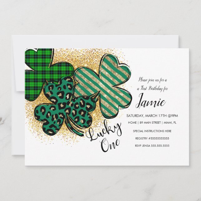 Invitation St. Patrick chanceux 1er anniversaire vert or faux (Devant)