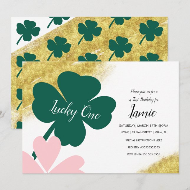 Invitation St. Patrick chanceux 1er anniversaire vert rose or (Devant / Derrière)