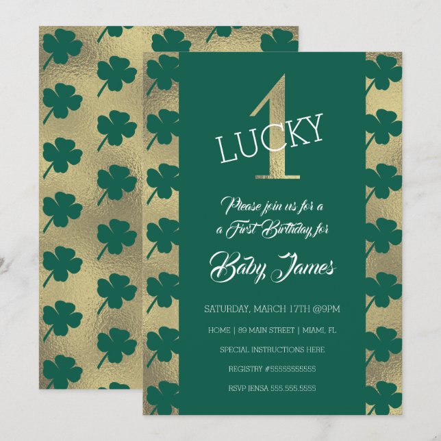 Invitation St. Patrick chanceux premier anniversaire Shamrock (Devant / Derrière)