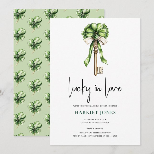 Invitation St Patrick’s Bridal Shower Gold Key & Clover (Devant / Derrière)