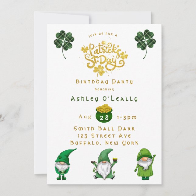 Invitation St. Patrick’s Day Gnome Anniversaire Fête Invitati (Devant)