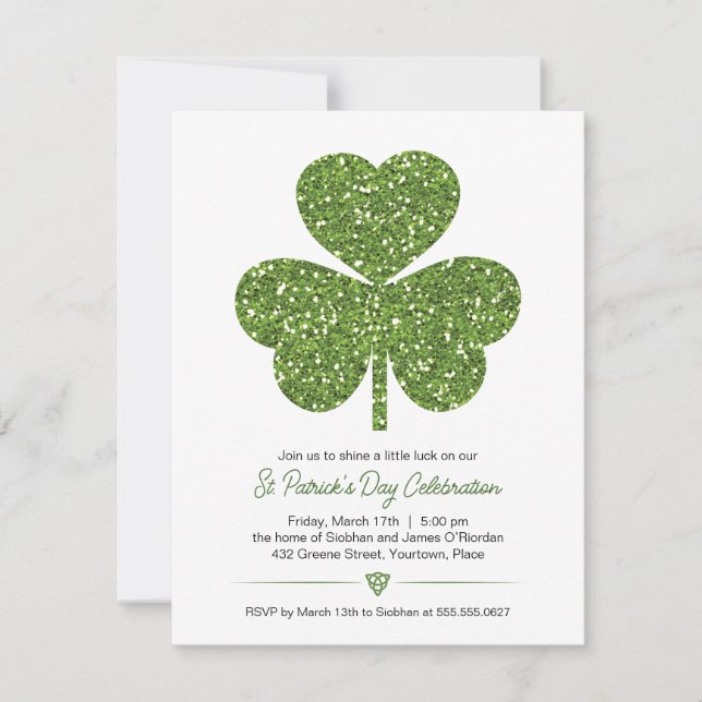 Invitation St patrick Shamrock de Parties scintillant verte (Devant)