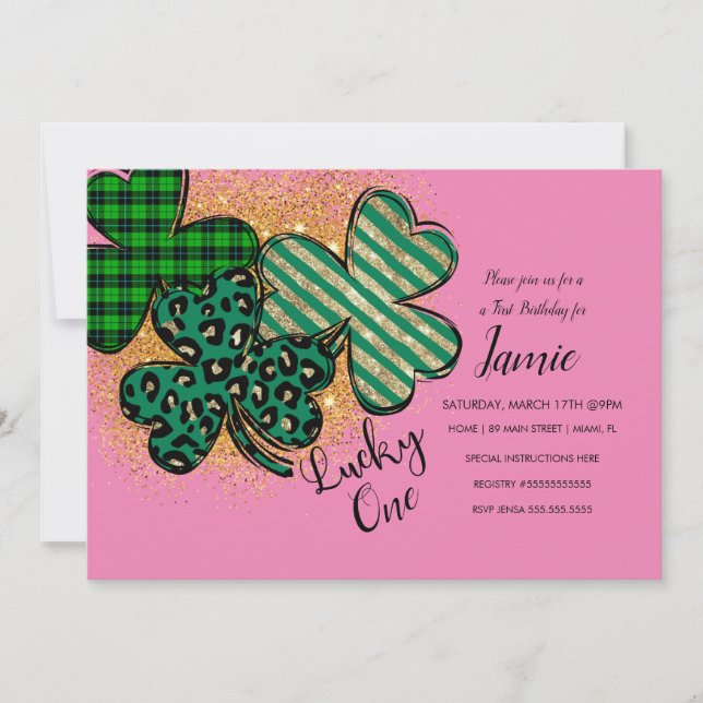 Invitation St. Patricks Chanceux 1er Anniversaire Rose Vert (Devant)