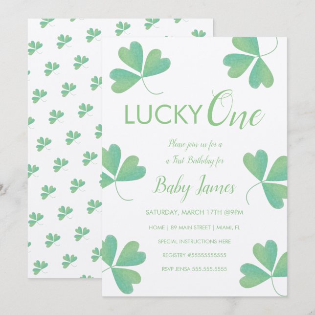 Invitation St. Patricks Chanceux 1er Anniversaire Shamrock Te (Devant / Derrière)