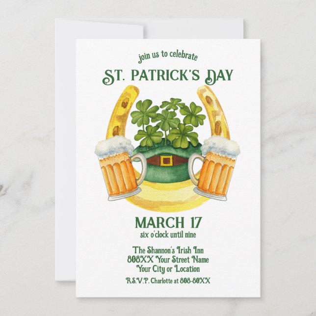 Invitation St. Patrick's Day Beer Mugs et Lucky Horseshoe (Devant)