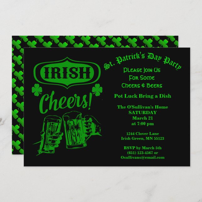 Invitation St Patrick's Day Party Irlandais Cheers Pot Luck (Devant / Derrière)