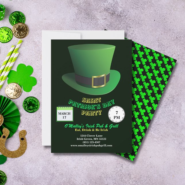 Invitation St Patrick's Day Party Vert Casquette & Shamrock (St Patrick's Day Party Green Hat & Shamrocks Invitation)