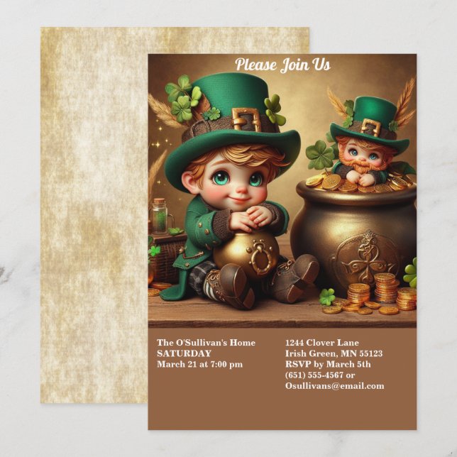 Invitation St Patrick's Day Pot of Gold Boy Leprechaun Party (Devant / Derrière)