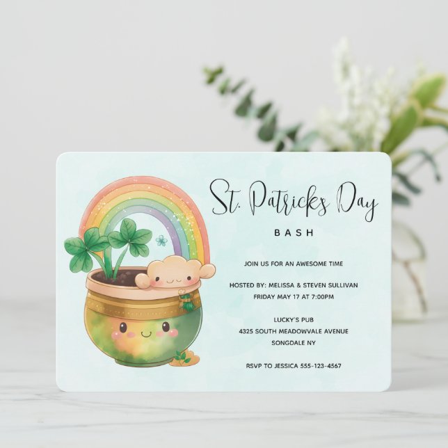 Invitation St. Patrick's Day Whimsical Rainbow & Clover Party (Debout devant)
