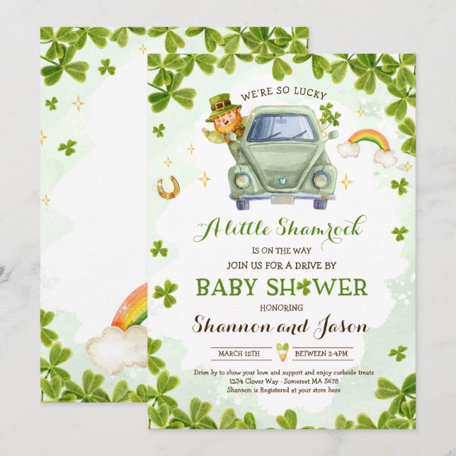 Invitation St Patrick's Little Shamrock Drive By Baby shower (Devant / Derrière)