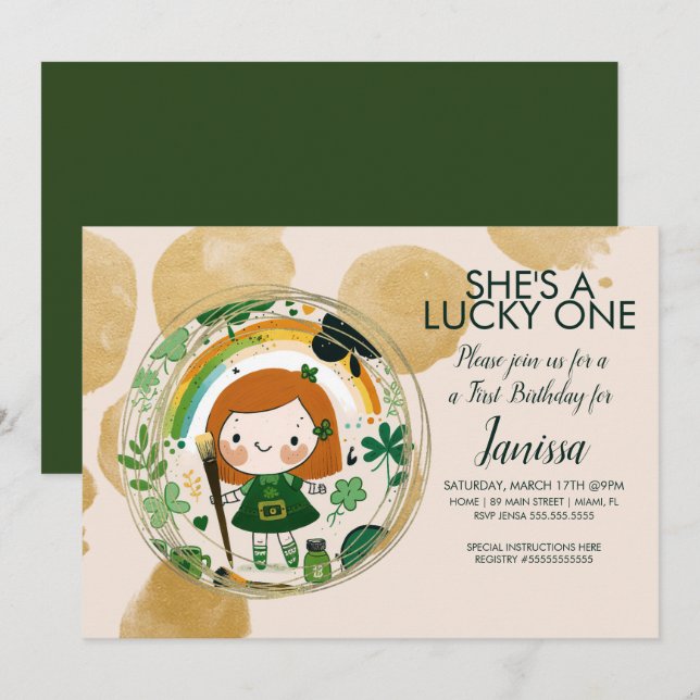 Invitation St. Patricks Lucky Birthday Girl Artist Shamrock (Devant / Derrière)