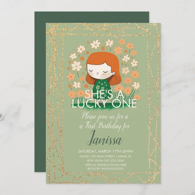 Invitation St. Patricks Lucky Birthday Girl Shamrock Parties  (Devant / Derrière)