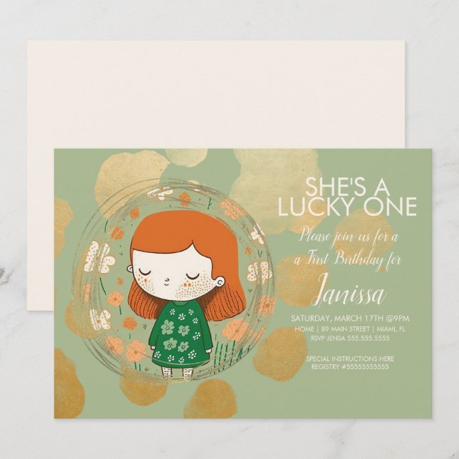 Invitation St. Patricks Lucky Birthday Girl Shamrock Toddler (Devant / Derrière)