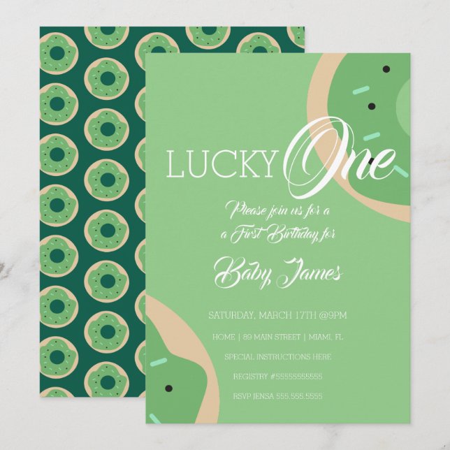 Invitation St. Patricks Lucky First Birthday Frosted Donut (Devant / Derrière)