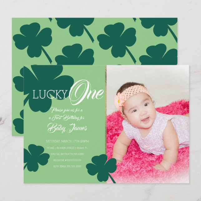 Invitation St. Patricks Lucky First Birthday Photo Shamrock (Devant / Derrière)