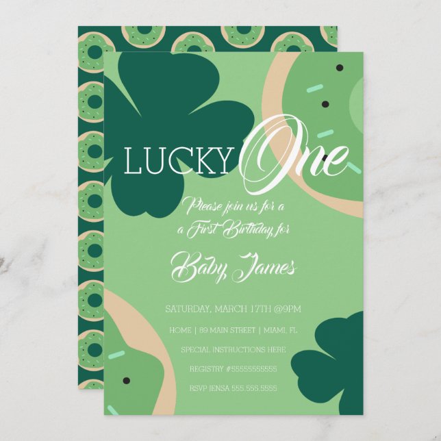 Invitation St. Patricks Lucky First Birthday Shamrock Donut (Devant / Derrière)