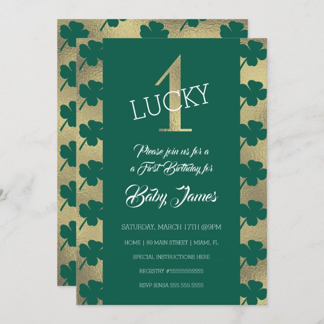 Invitation St. Patricks Lucky First Birthday Shamrock vert (Devant / Derrière)