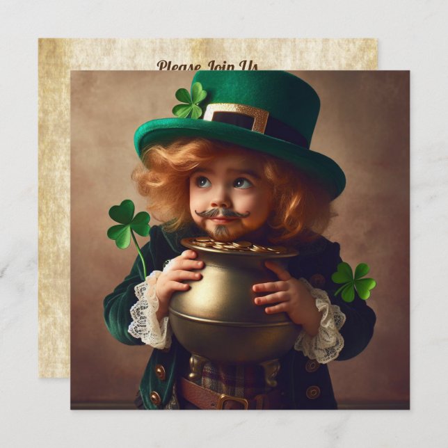 Invitation St Patrick's Party Irish Child Pot of Gold Carré (Devant / Derrière)