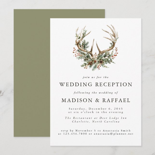 Invitation Stag Antlers Rustic Winter Wedding Reception (Devant / Derrière)