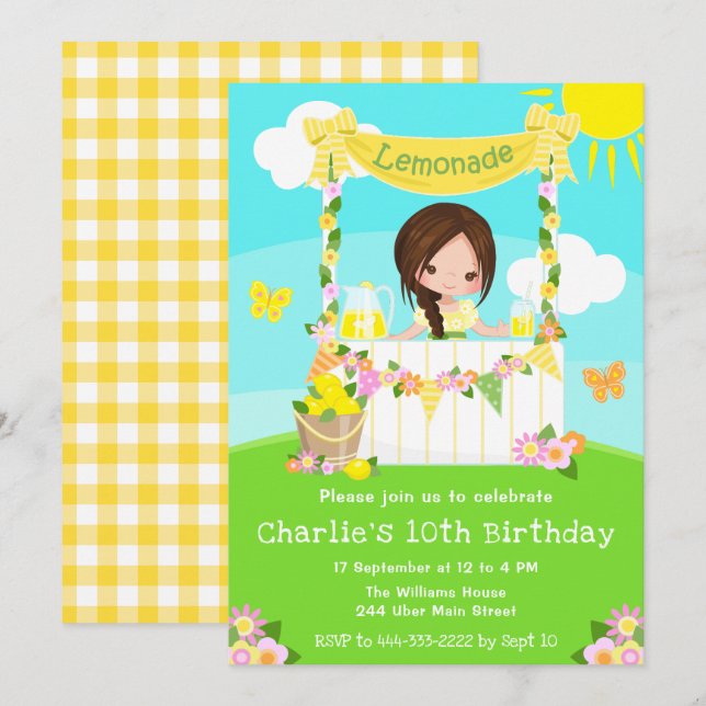 Invitation Stand de limonade Anniversaire Fille aux cheveux b (Devant / Derrière)