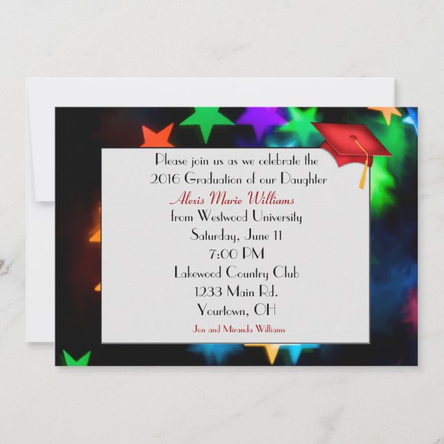 Invitation Star Bokeh avec Casquette Red Graduation (Devant)