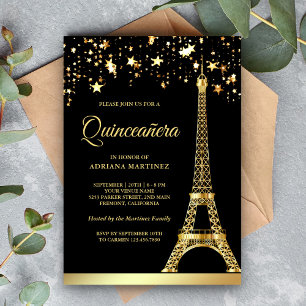 Invitation Star Confetti Gold Eiffel Tower Black Quinceanera