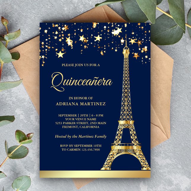 Invitation Star Confetti Gold Tour Eiffel Marine Quinceanera (Créateur téléchargé)