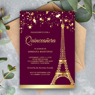 Invitation Star Confetti Gold Tour Eiffel Quinceanera rose
