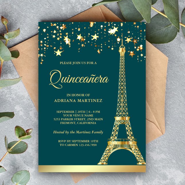 Invitation Star Confetti Gold Tour Eiffel Turquoise Quinceane (Créateur téléchargé)
