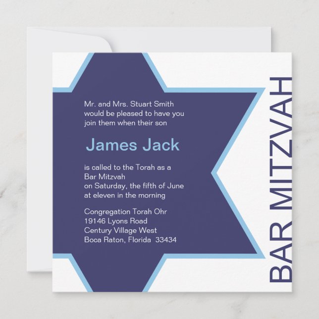 Invitation Star de David Bar Mitzvah - blanc et bleu (Devant)