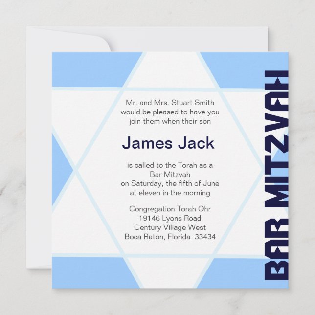 Invitation Star de David Bar Mitzvah - bleu & blanc (Devant)