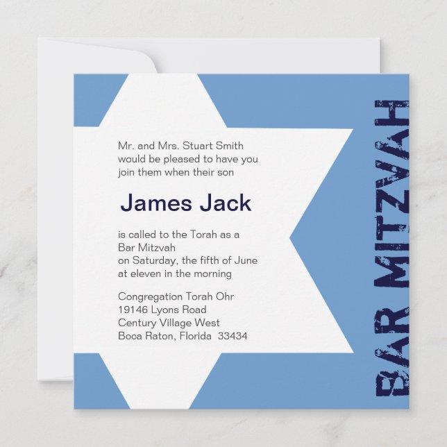 Invitation Star de David Bar Mitzvah - bleu & blanc 2 (Devant)