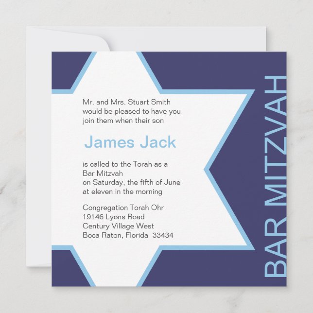 Invitation Star de David Bar Mitzvah - Bleu et blanc foncé (Devant)