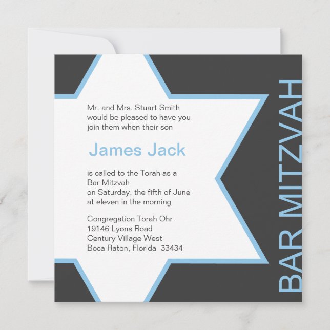 Invitation Star de David Bar Mitzvah - Blue & Grey (Devant)