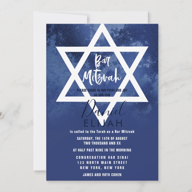 Invitation Star de David Bar Mitzvah de la Marine moderne Blu (Devant)