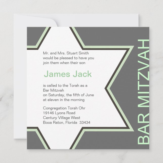 Invitation Star de David Bar Mitzvah Green & Grey 2 (Devant)