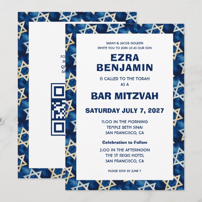 Invitation Star de David Watercolor Custom QR Bar Bat mitzvah (Devant / Derrière)