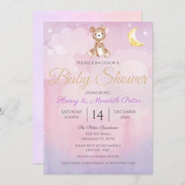 Invitation Star et Lune Teddy Bear Purple Girls Baby shower (Devant / Derrière)