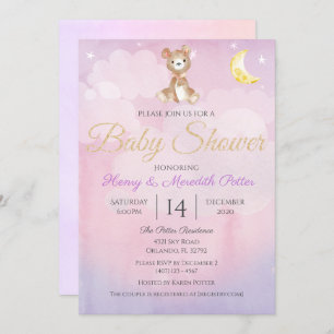 Invitation Star et Lune Teddy Bear Purple Girls Baby shower